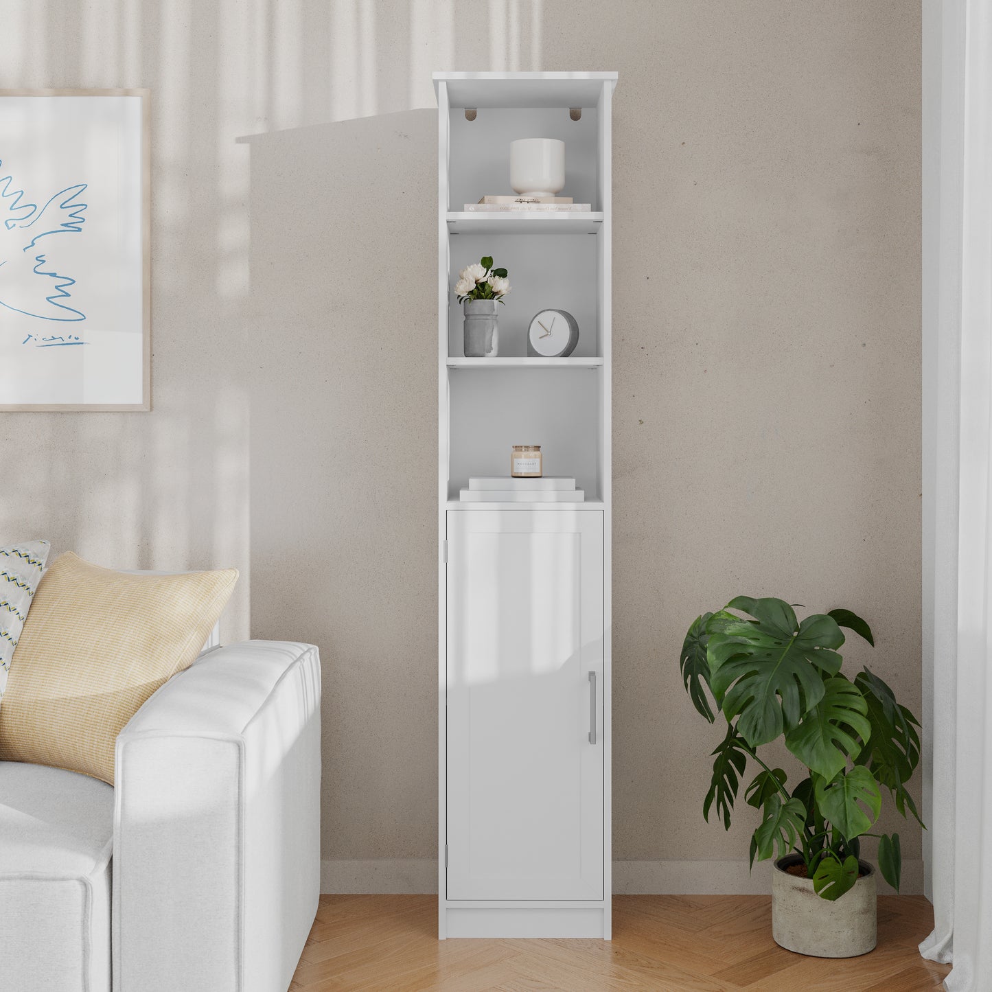 Vega Freestanding Linen Tower Storage Cabinet with Magnetic Close Door, In-Cabinet Adjustable Shelf, and 3 Upper Open Shelves in White White