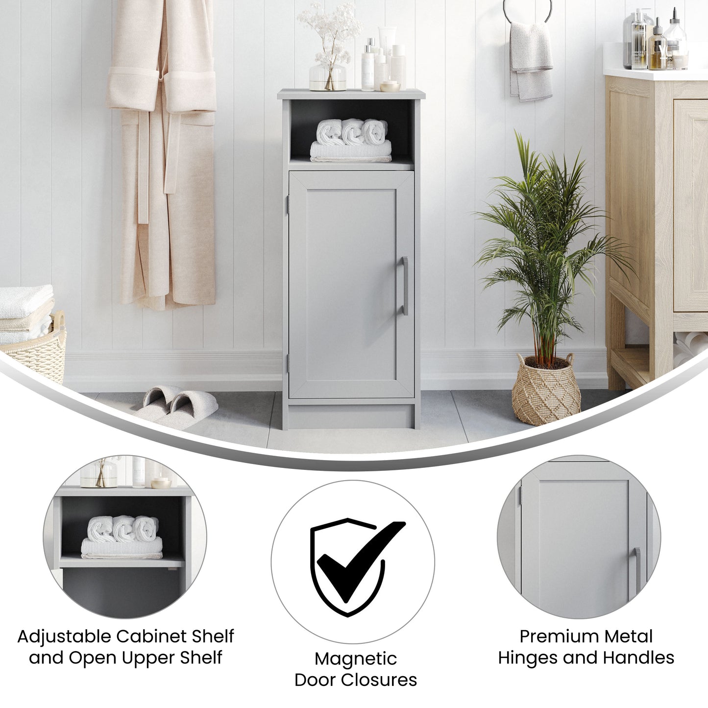 Vega Bathroom Storage Cabinet Organizer with Magnetic Closure Door, In-Cabinet Adjustable Shelf, and Upper Open Shelf in Gray Gray