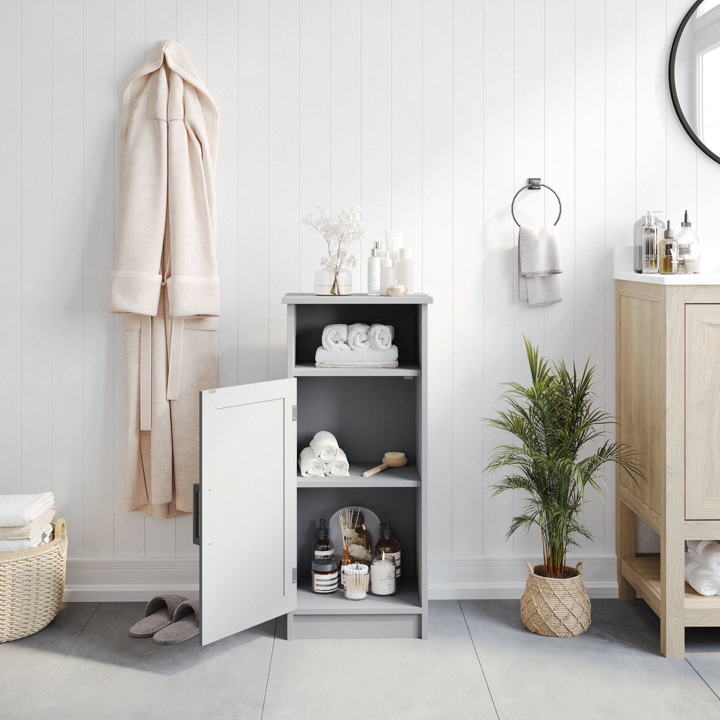 Vega Bathroom Storage Cabinet Organizer with Magnetic Closure Door, In-Cabinet Adjustable Shelf, and Upper Open Shelf in Gray Gray