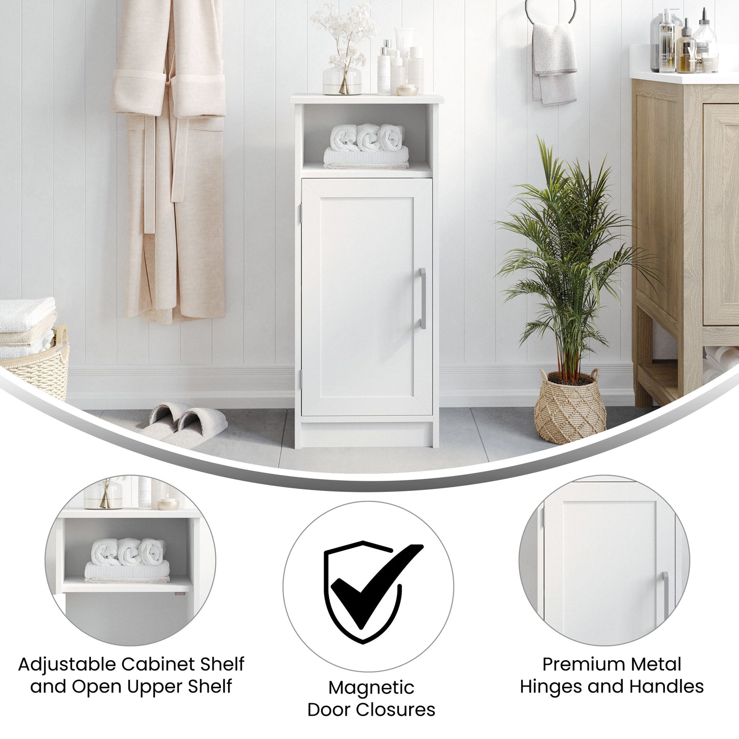 Vega Bathroom Storage Cabinet Organizer with Magnetic Closure Door, In-Cabinet Adjustable Shelf, and Upper Open Shelf in White White FS-VEGA-BATH-3-WH-GG