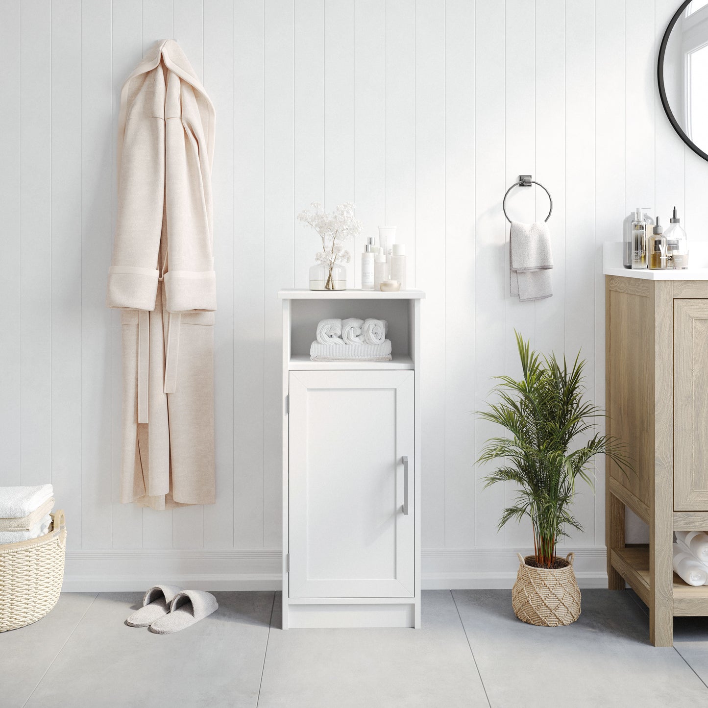 Vega Bathroom Storage Cabinet Organizer with Magnetic Closure Door, In-Cabinet Adjustable Shelf, and Upper Open Shelf in White White FS-VEGA-BATH-3-WH-GG