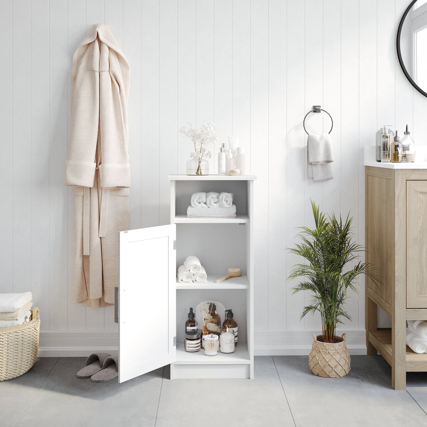 Vega Bathroom Storage Cabinet Organizer with Magnetic Closure Door, In-Cabinet Adjustable Shelf, and Upper Open Shelf in White White FS-VEGA-BATH-3-WH-GG