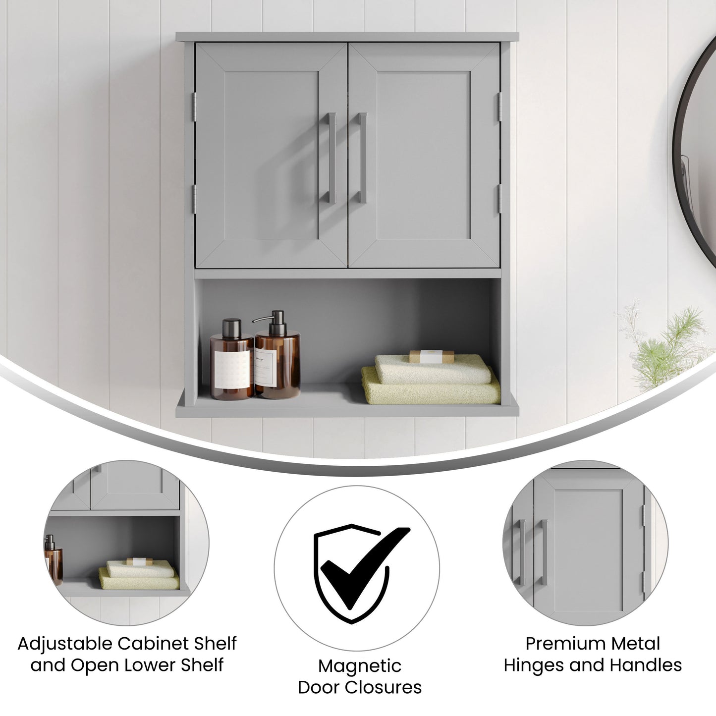 Vega Wall Mounted Bathroom Medicine Cabinet Storage Organizer with Two Magnetic Closure Doors, Adjustable Shelf, and Lower Open Shelf in Gray Gray