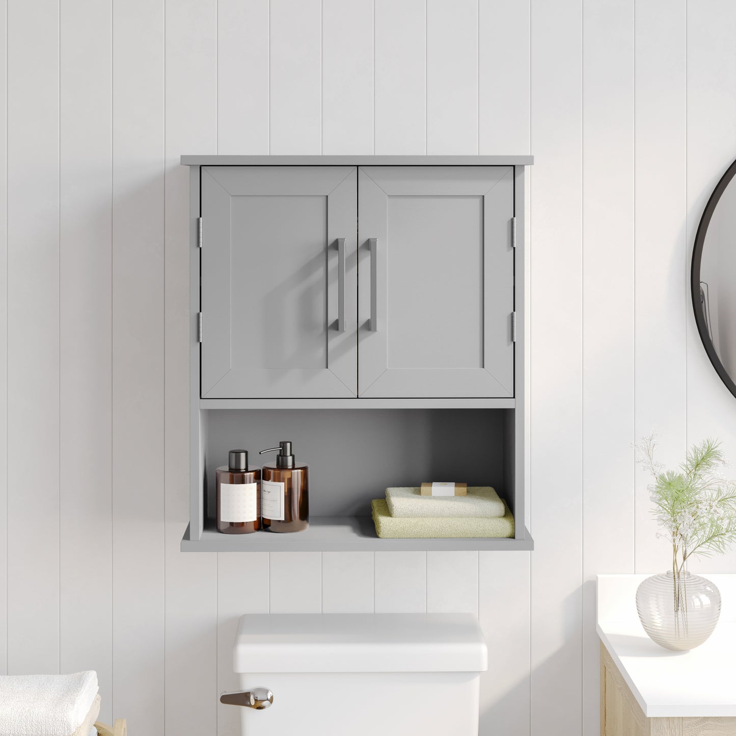Vega Wall Mounted Bathroom Medicine Cabinet Storage Organizer with Two Magnetic Closure Doors, Adjustable Shelf, and Lower Open Shelf in Gray Gray