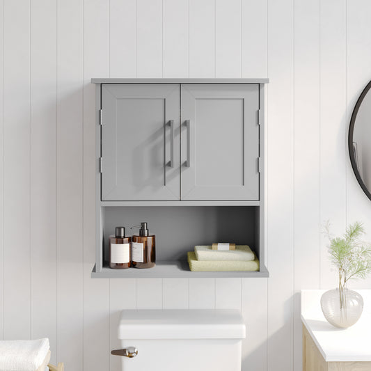 Vega Wall Mounted Bathroom Medicine Cabinet Storage Organizer with Two Magnetic Closure Doors, Adjustable Shelf, and Lower Open Shelf in Gray Gray FS-VEGA-BATH-5-GY-GG