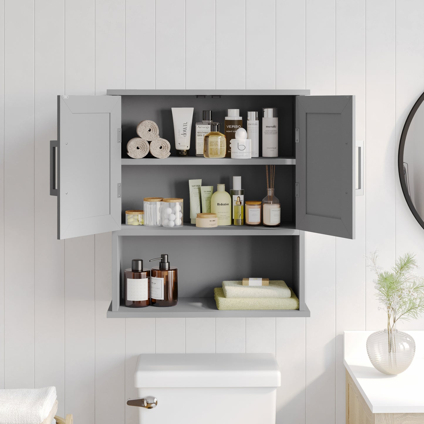 Vega Wall Mounted Bathroom Medicine Cabinet Storage Organizer with Two Magnetic Closure Doors, Adjustable Shelf, and Lower Open Shelf in Gray Gray