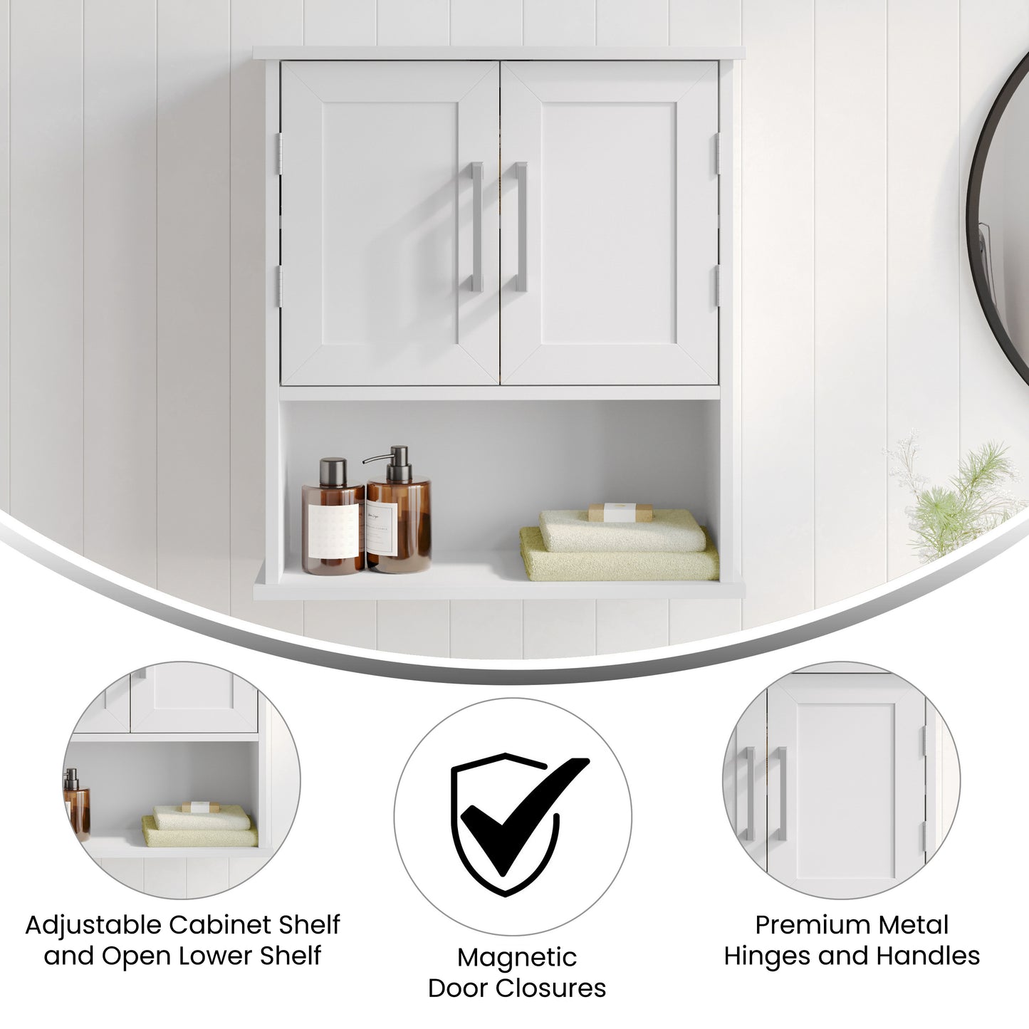 Vega Wall Mounted Bathroom Medicine Cabinet Storage Organizer with Two Magnetic Closure Doors, Adjustable Shelf, and Lower Open Shelf in White White