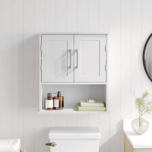 Vega Wall Mounted Bathroom Medicine Cabinet Storage Organizer with Two Magnetic Closure Doors, Adjustable Shelf, and Lower Open Shelf in White White