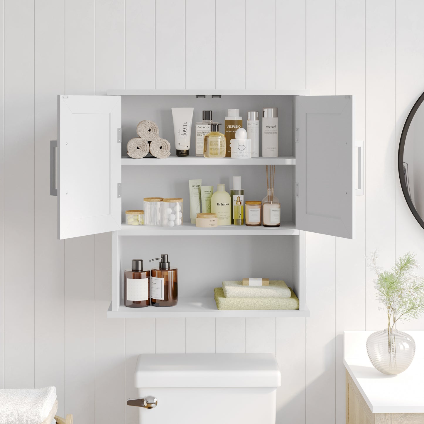 Vega Wall Mounted Bathroom Medicine Cabinet Storage Organizer with Two Magnetic Closure Doors, Adjustable Shelf, and Lower Open Shelf in White White