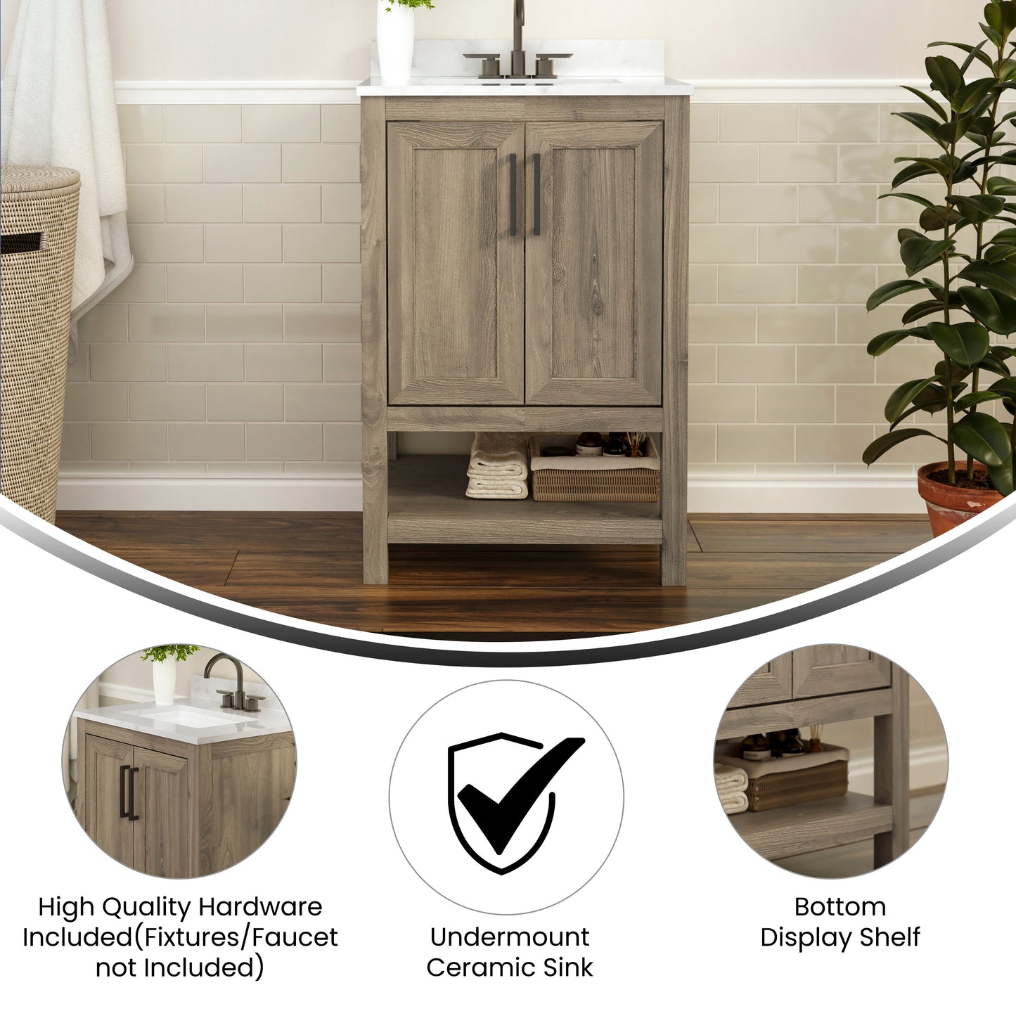 Vega 24 Inch Bathroom Vanity with Sink Combo, Storage Cabinet with Soft Close Doors and Open Shelf, Carrara Marble Finish Countertop, Brown/White Brown