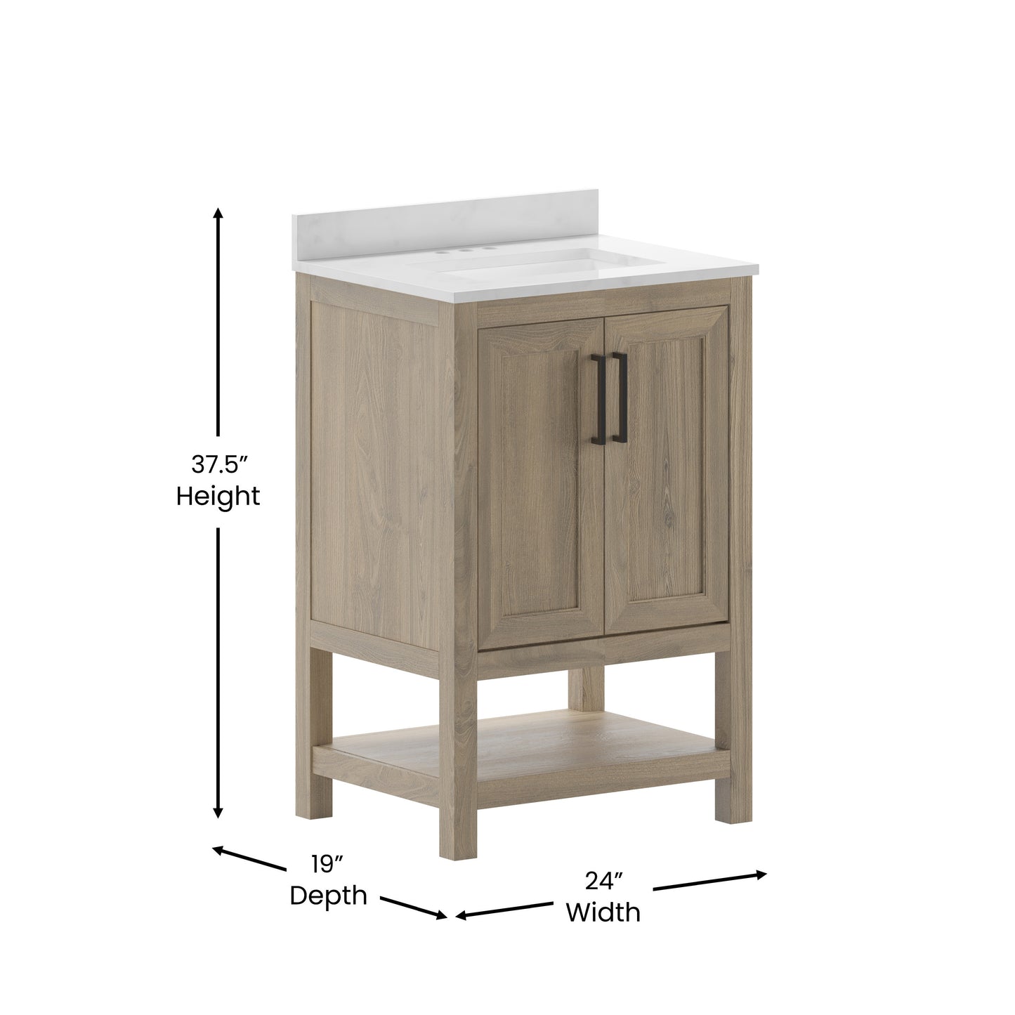Vega 24 Inch Bathroom Vanity with Sink Combo, Storage Cabinet with Soft Close Doors and Open Shelf, Carrara Marble Finish Countertop, Brown/White Brown