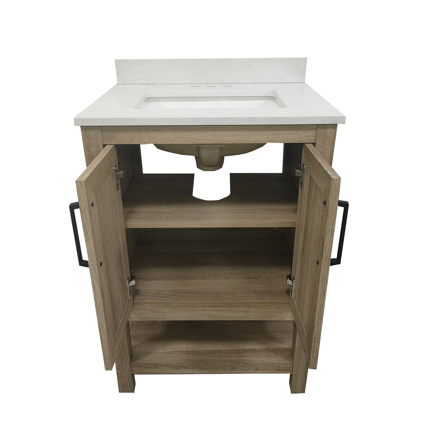 Vega 24 Inch Bathroom Vanity with Sink Combo, Storage Cabinet with Soft Close Doors and Open Shelf, Carrara Marble Finish Countertop, Brown/White Brown
