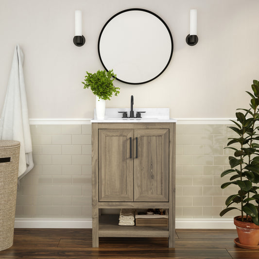 Vega 24 Inch Bathroom Vanity with Sink Combo, Storage Cabinet with Soft Close Doors and Open Shelf, Carrara Marble Finish Countertop, Brown/White Brown FS-VEGA24-BR-GG