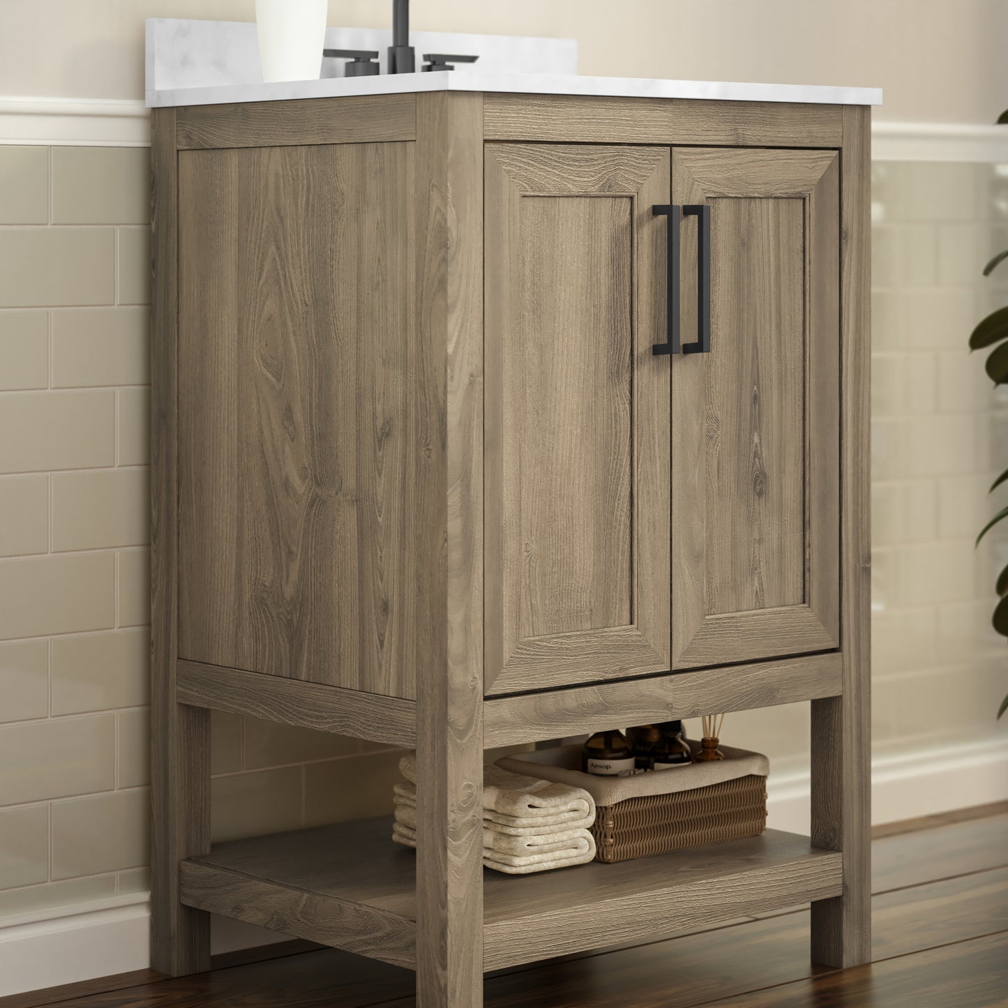 Vega 24 Inch Bathroom Vanity with Sink Combo, Storage Cabinet with Soft Close Doors and Open Shelf, Carrara Marble Finish Countertop, Brown/White Brown