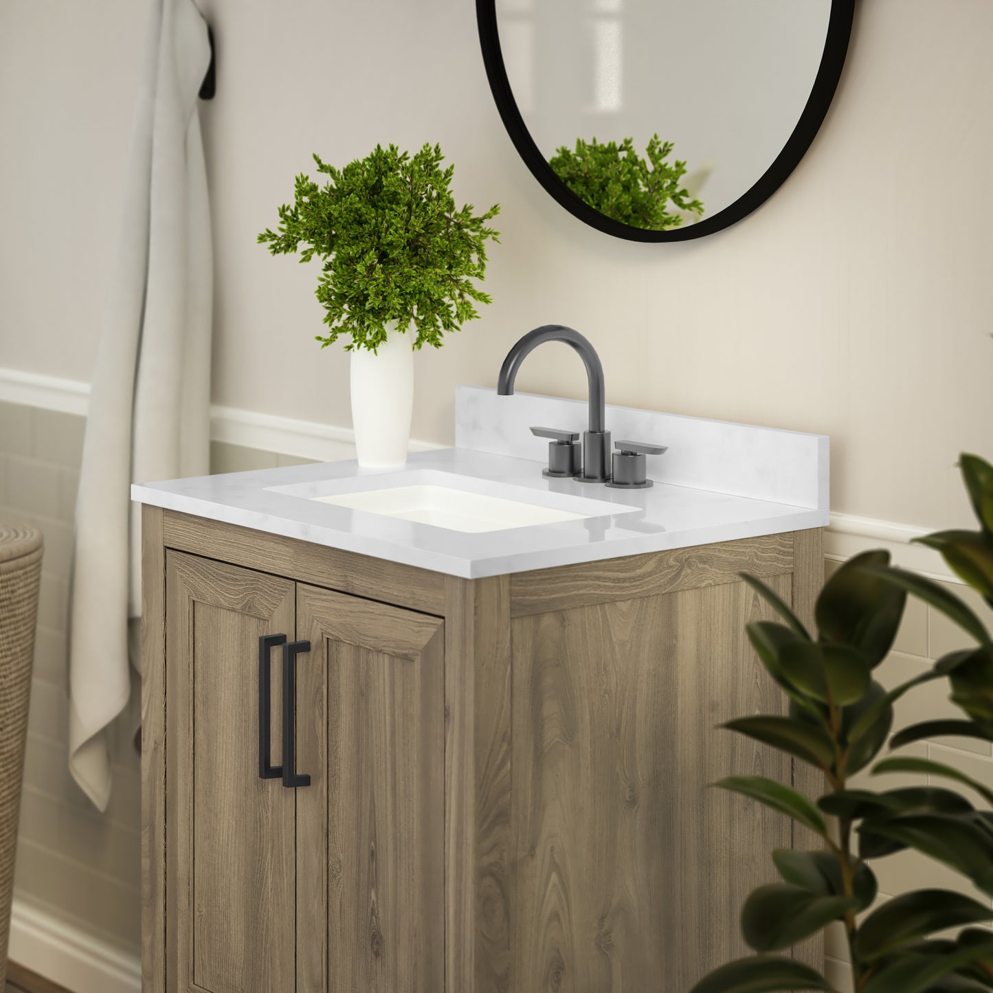 Vega 24 Inch Bathroom Vanity with Sink Combo, Storage Cabinet with Soft Close Doors and Open Shelf, Carrara Marble Finish Countertop, Brown/White Brown