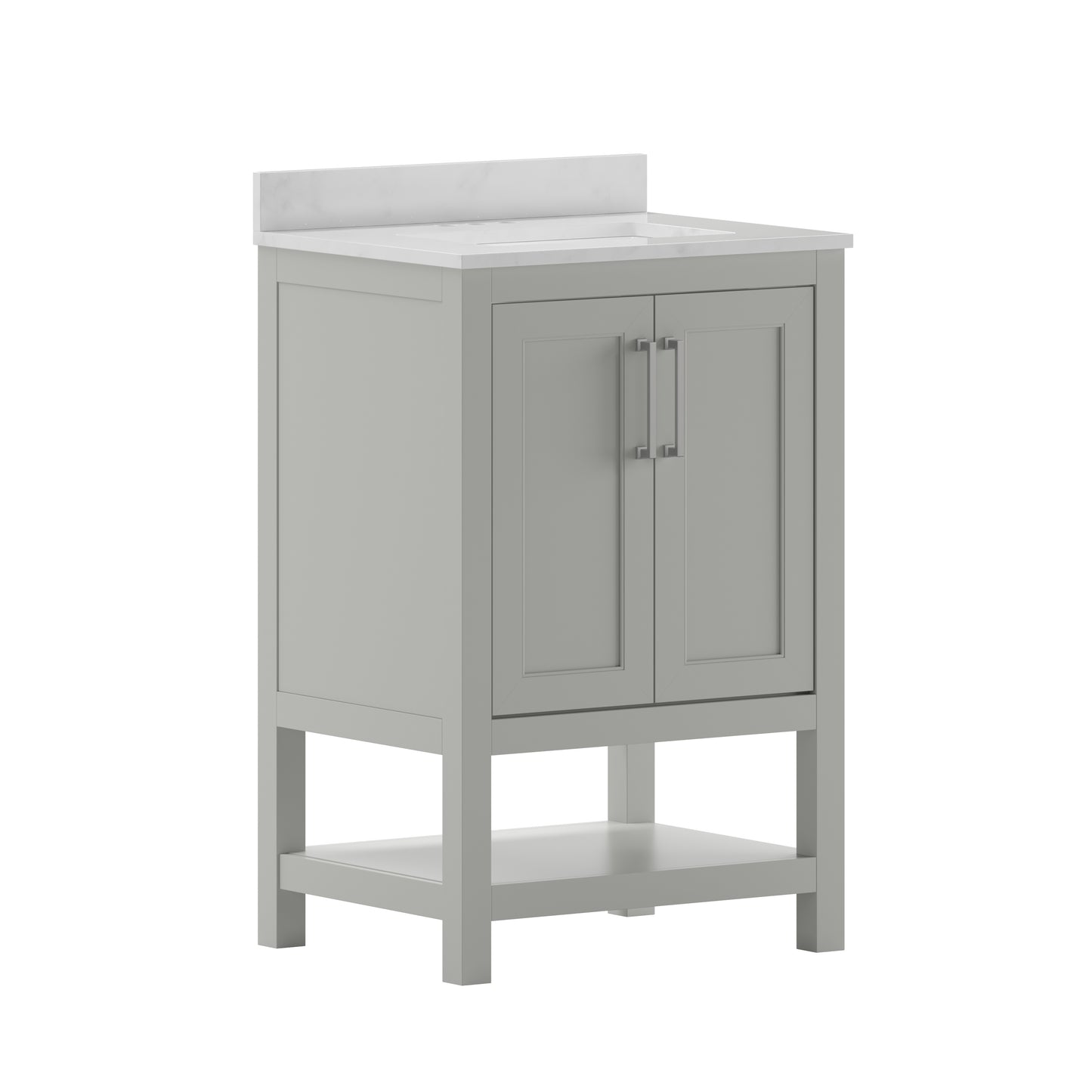 Vega 24 Inch Bathroom Vanity with Sink Combo, Storage Cabinet with Soft Close Doors and Open Shelf, Carrara Marble Finish Countertop, Gray/White Gray