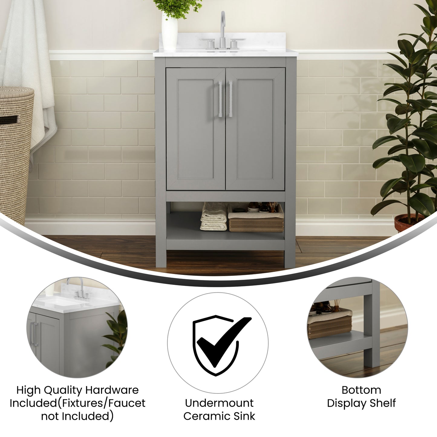 Vega 24 Inch Bathroom Vanity with Sink Combo, Storage Cabinet with Soft Close Doors and Open Shelf, Carrara Marble Finish Countertop, Gray/White Gray