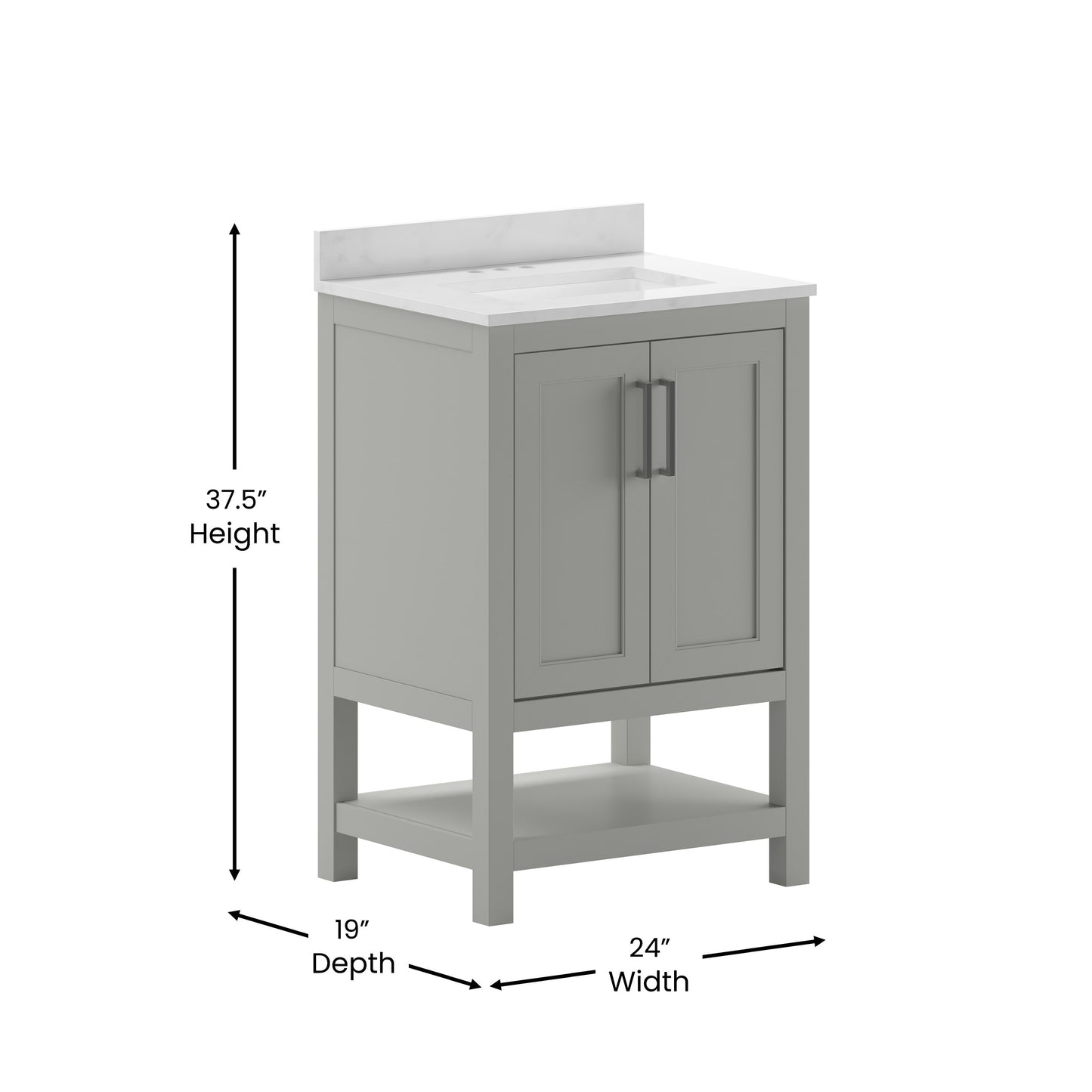 Vega 24 Inch Bathroom Vanity with Sink Combo, Storage Cabinet with Soft Close Doors and Open Shelf, Carrara Marble Finish Countertop, Gray/White Gray