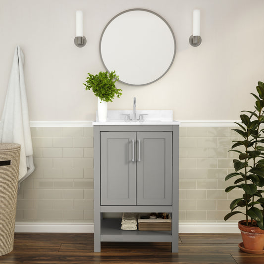 Vega 24 Inch Bathroom Vanity with Sink Combo, Storage Cabinet with Soft Close Doors and Open Shelf, Carrara Marble Finish Countertop, Gray/White Gray FS-VEGA24-GY-GG