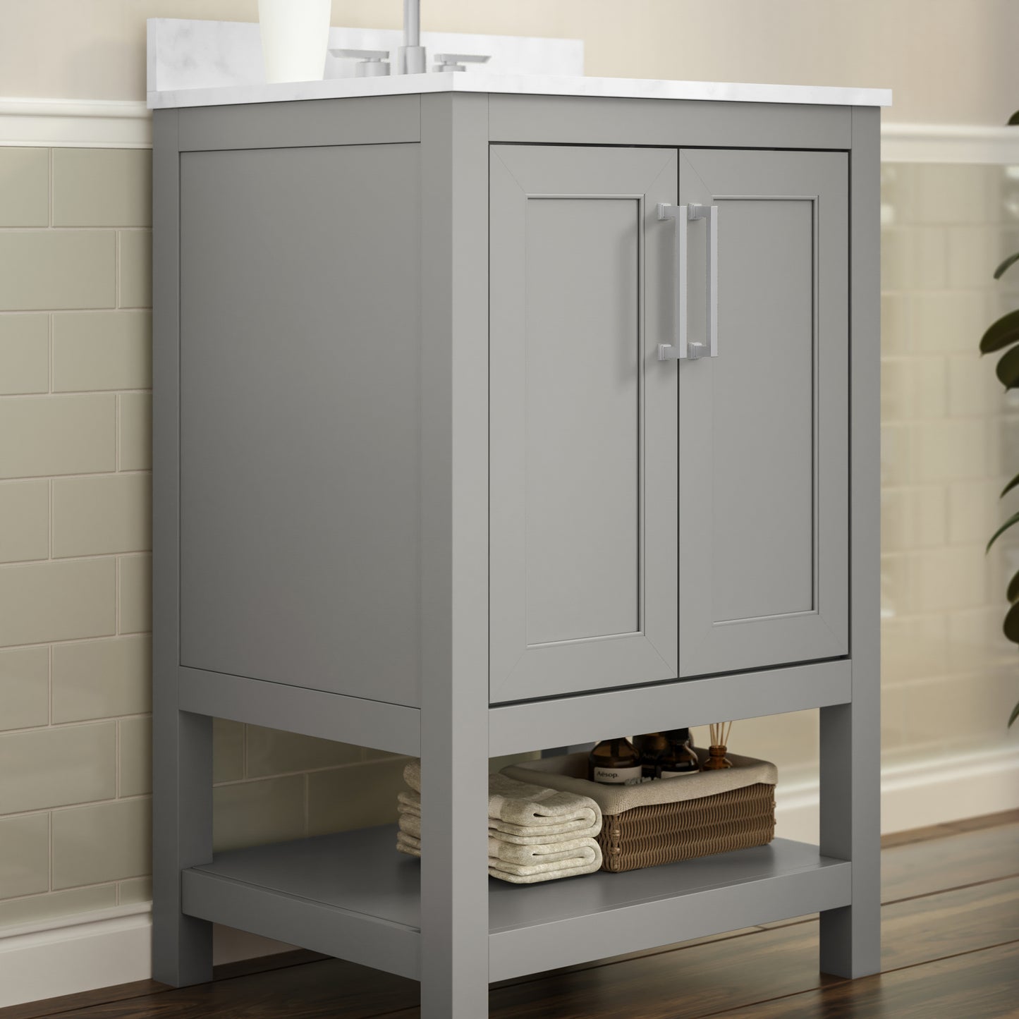 Vega 24 Inch Bathroom Vanity with Sink Combo, Storage Cabinet with Soft Close Doors and Open Shelf, Carrara Marble Finish Countertop, Gray/White Gray