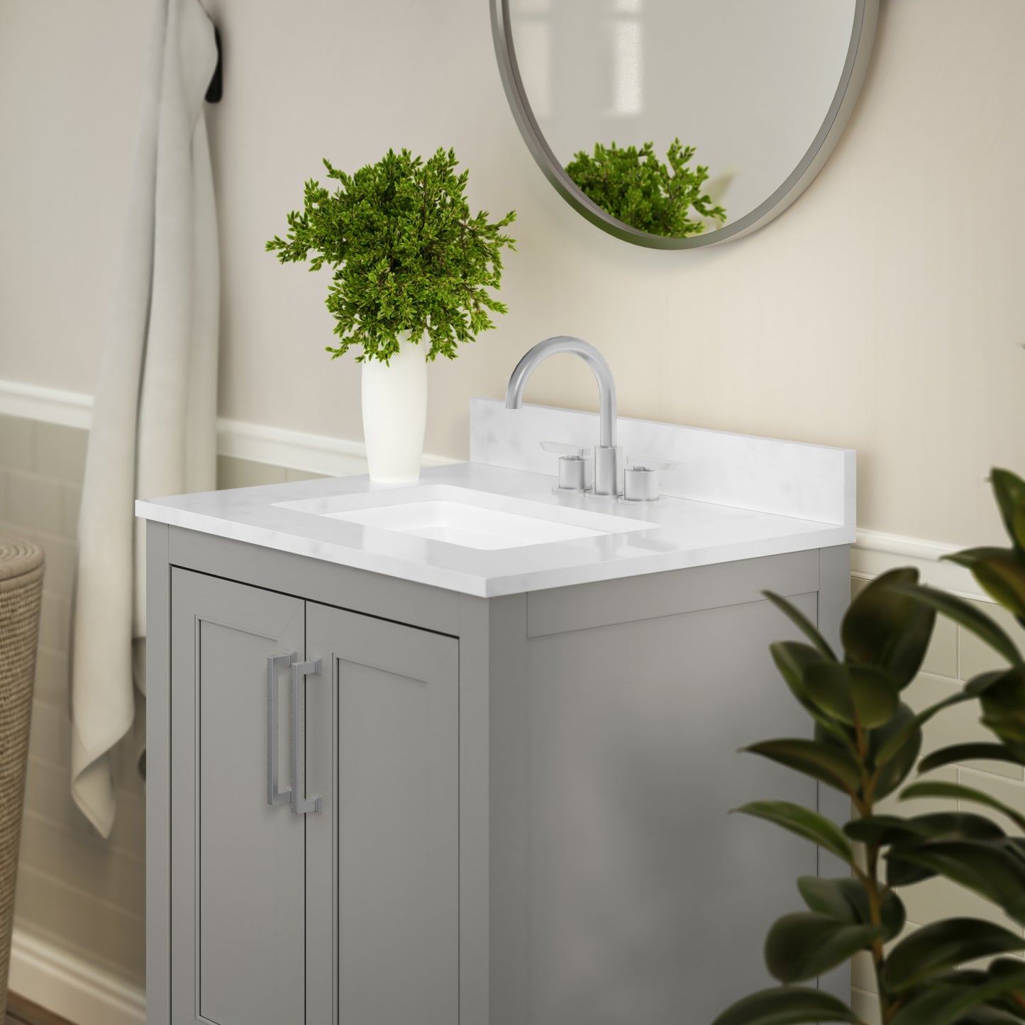 Vega 24 Inch Bathroom Vanity with Sink Combo, Storage Cabinet with Soft Close Doors and Open Shelf, Carrara Marble Finish Countertop, Gray/White Gray