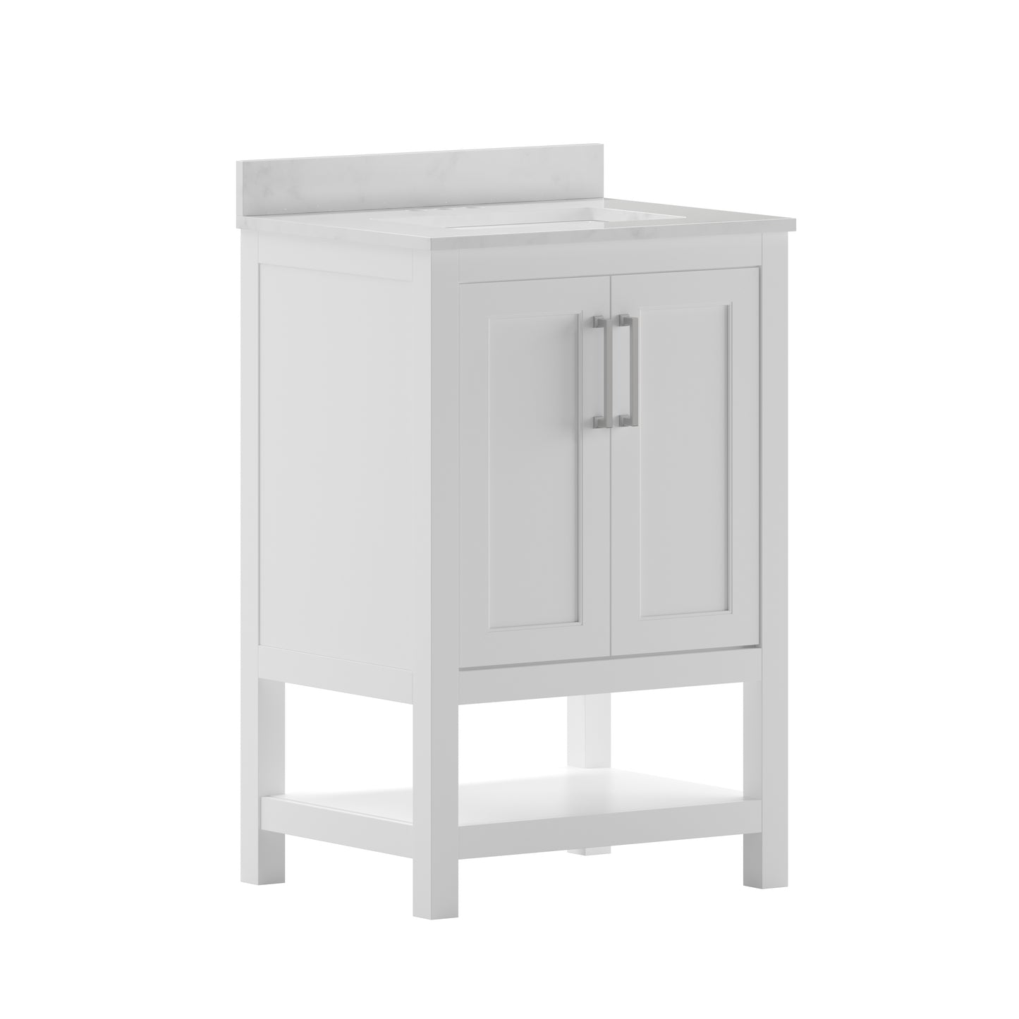 Vega 24 Inch Bathroom Vanity with Sink Combo, Storage Cabinet with Soft Close Doors and Open Shelf, Carrara Marble Finish Countertop, White/White White