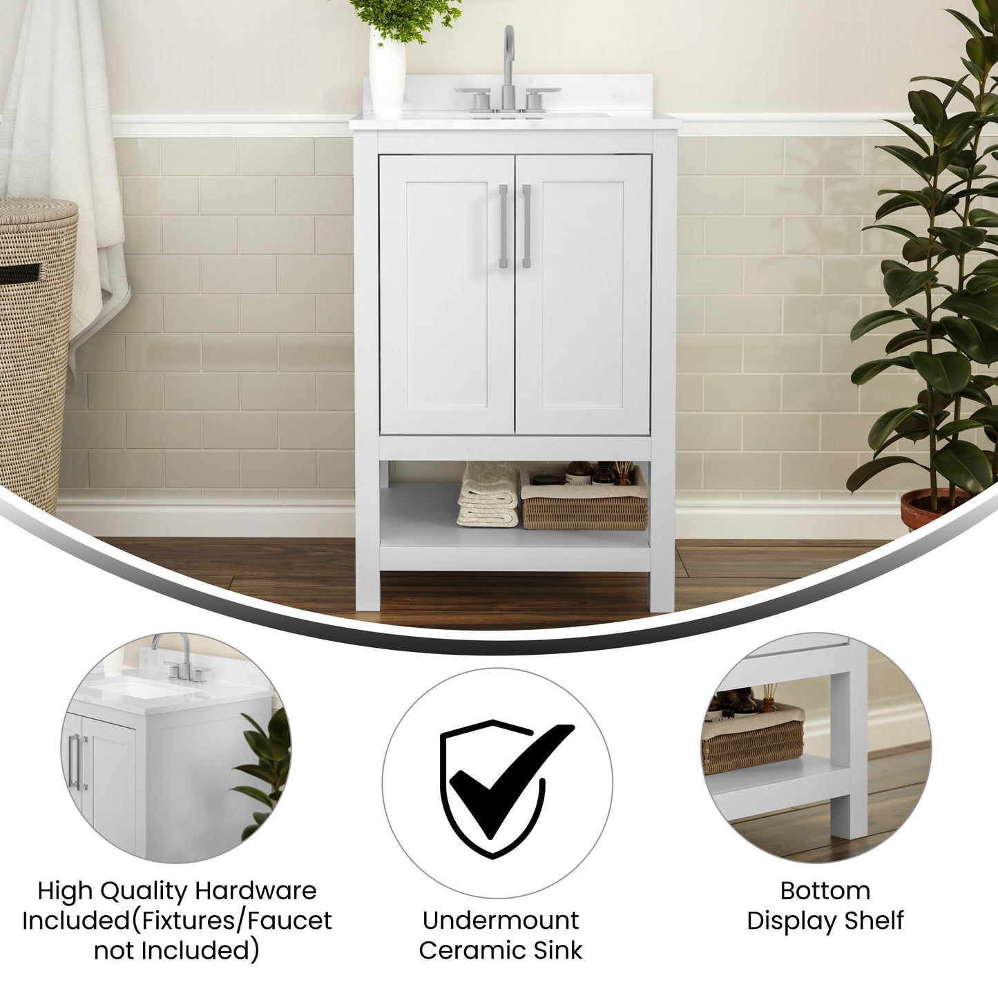 Vega 24 Inch Bathroom Vanity with Sink Combo, Storage Cabinet with Soft Close Doors and Open Shelf, Carrara Marble Finish Countertop, White/White White