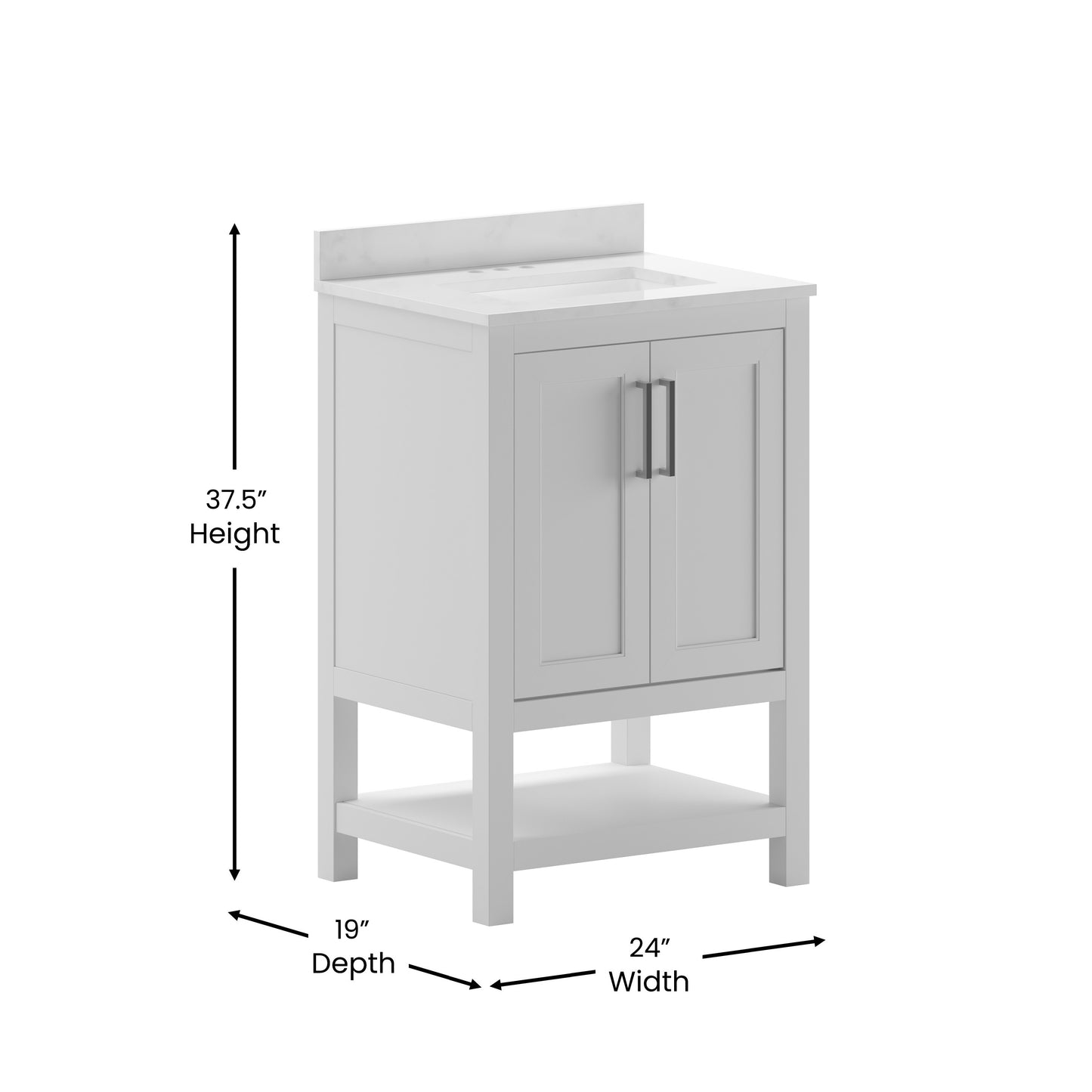 Vega 24 Inch Bathroom Vanity with Sink Combo, Storage Cabinet with Soft Close Doors and Open Shelf, Carrara Marble Finish Countertop, White/White White