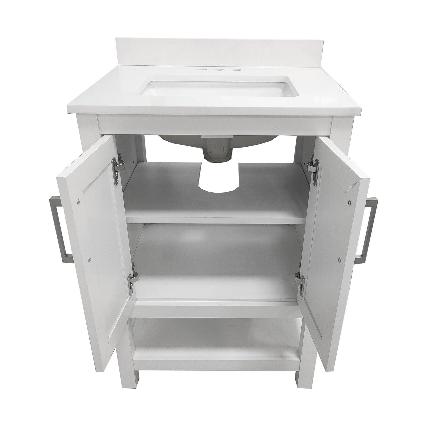 Vega 24 Inch Bathroom Vanity with Sink Combo, Storage Cabinet with Soft Close Doors and Open Shelf, Carrara Marble Finish Countertop, White/White White