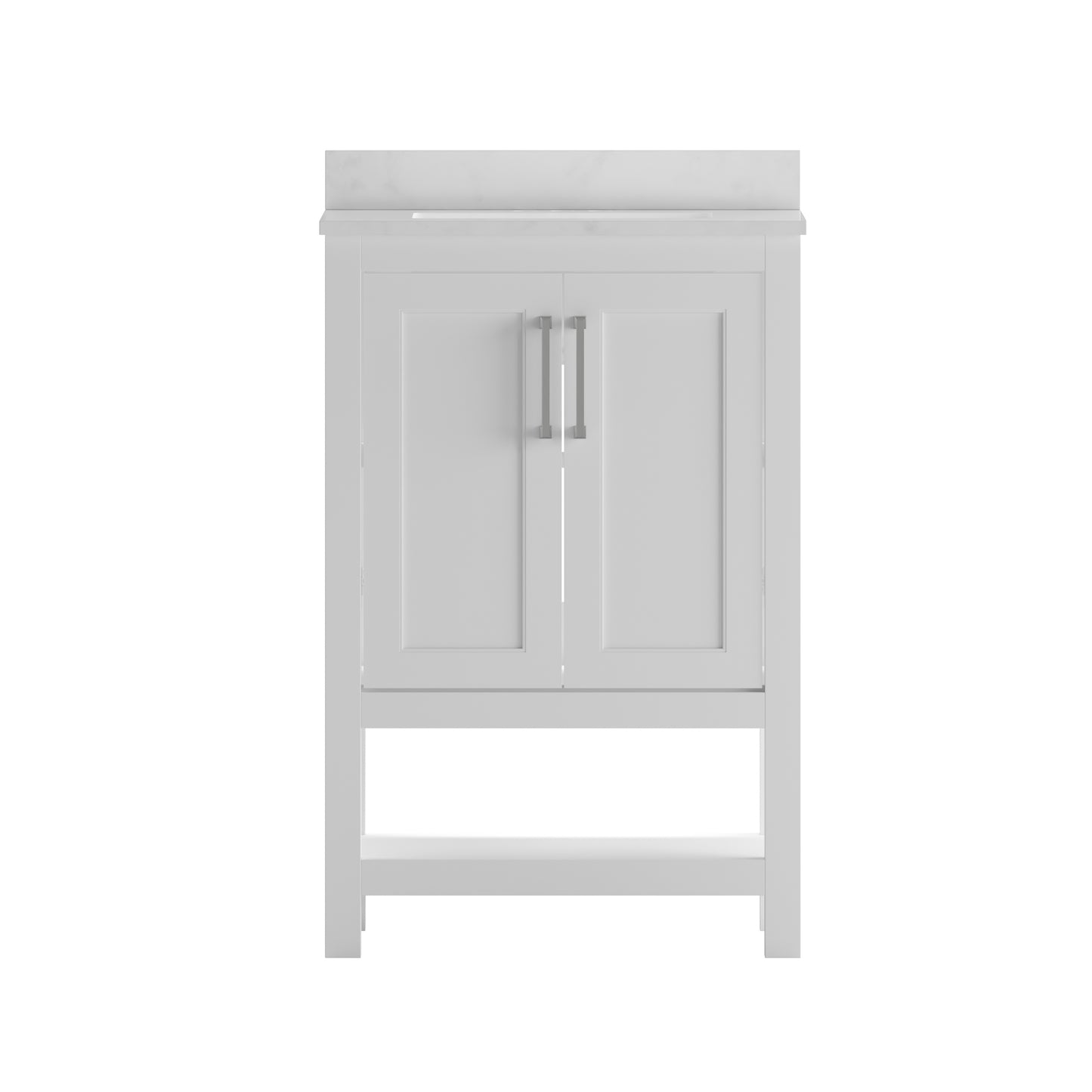 Vega 24 Inch Bathroom Vanity with Sink Combo, Storage Cabinet with Soft Close Doors and Open Shelf, Carrara Marble Finish Countertop, White/White White