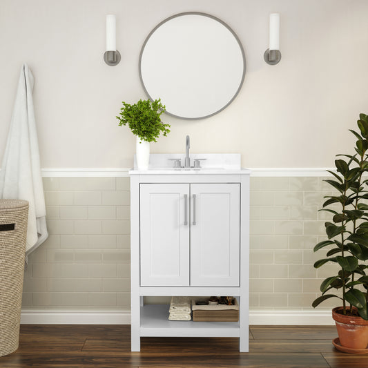 Vega 24 Inch Bathroom Vanity with Sink Combo, Storage Cabinet with Soft Close Doors and Open Shelf, Carrara Marble Finish Countertop, White/White White FS-VEGA24-WH-GG