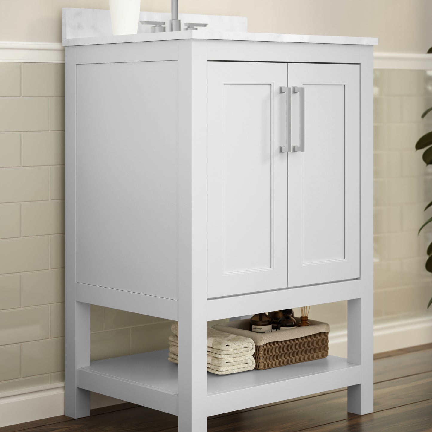 Vega 24 Inch Bathroom Vanity with Sink Combo, Storage Cabinet with Soft Close Doors and Open Shelf, Carrara Marble Finish Countertop, White/White White