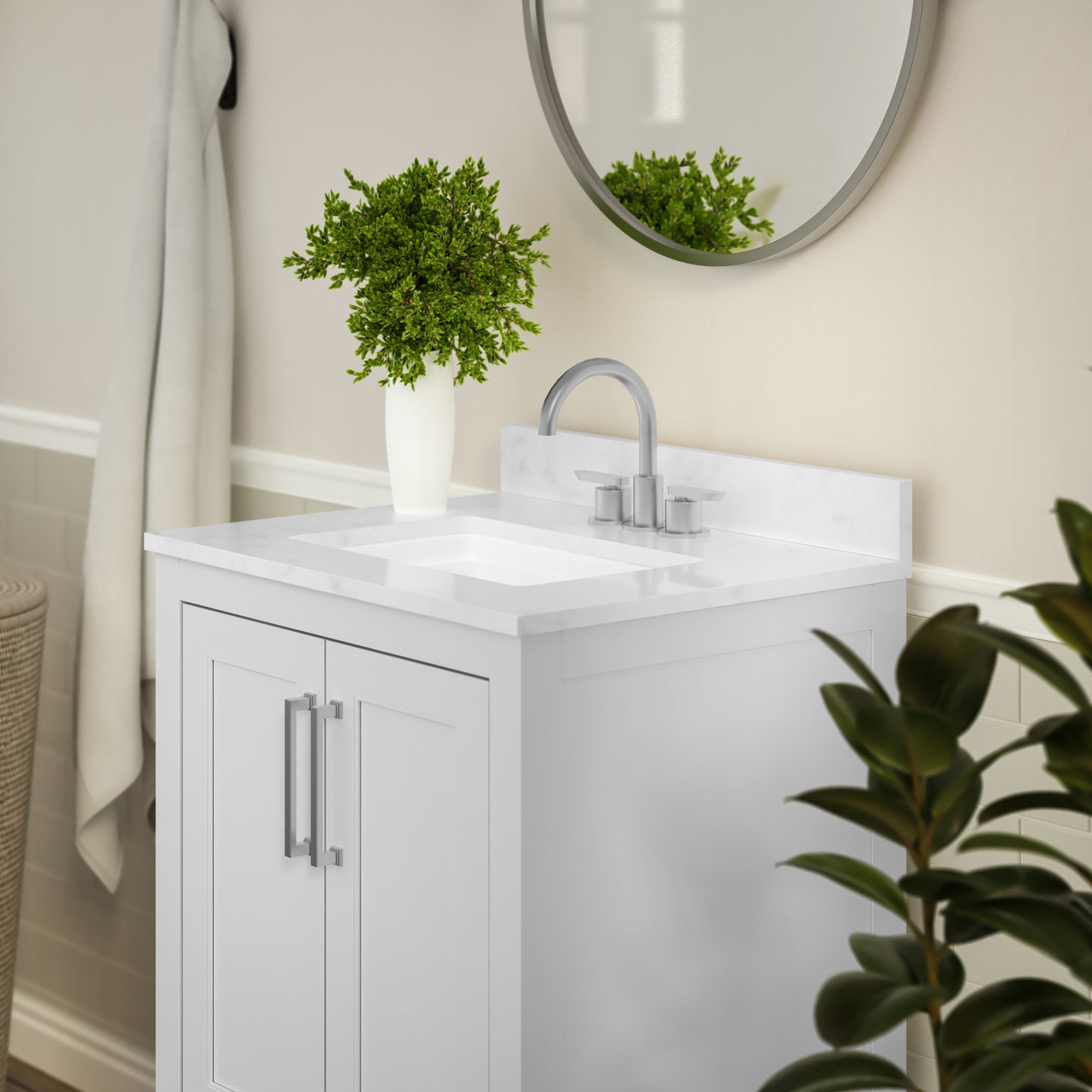 Vega 24 Inch Bathroom Vanity with Sink Combo, Storage Cabinet with Soft Close Doors and Open Shelf, Carrara Marble Finish Countertop, White/White White
