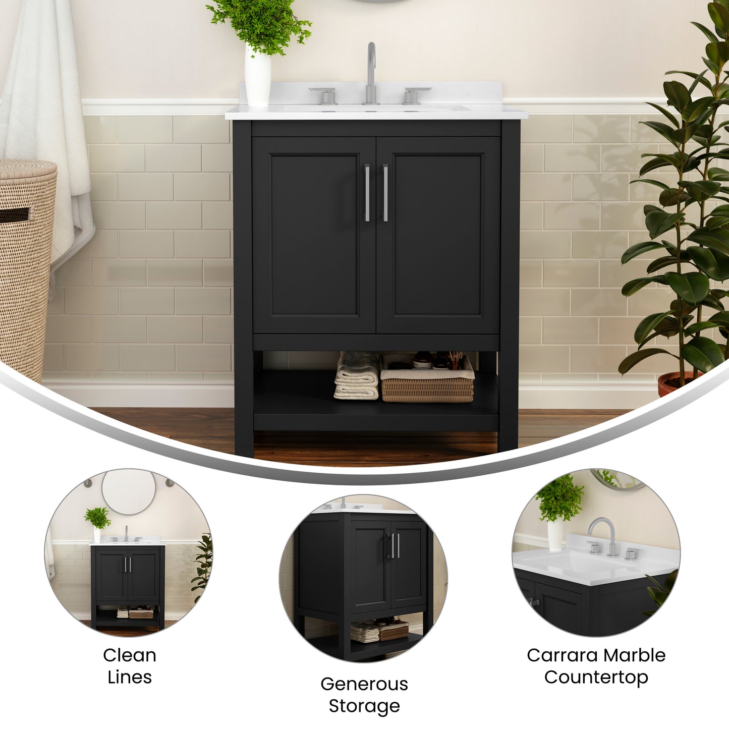 Vega 30 Inch Bathroom Vanity with Sink Combo, Storage Cabinet with Soft Close Doors and Open Shelf, Carrara Marble Finish Countertop, Black Black Frame/Nickel Hardware