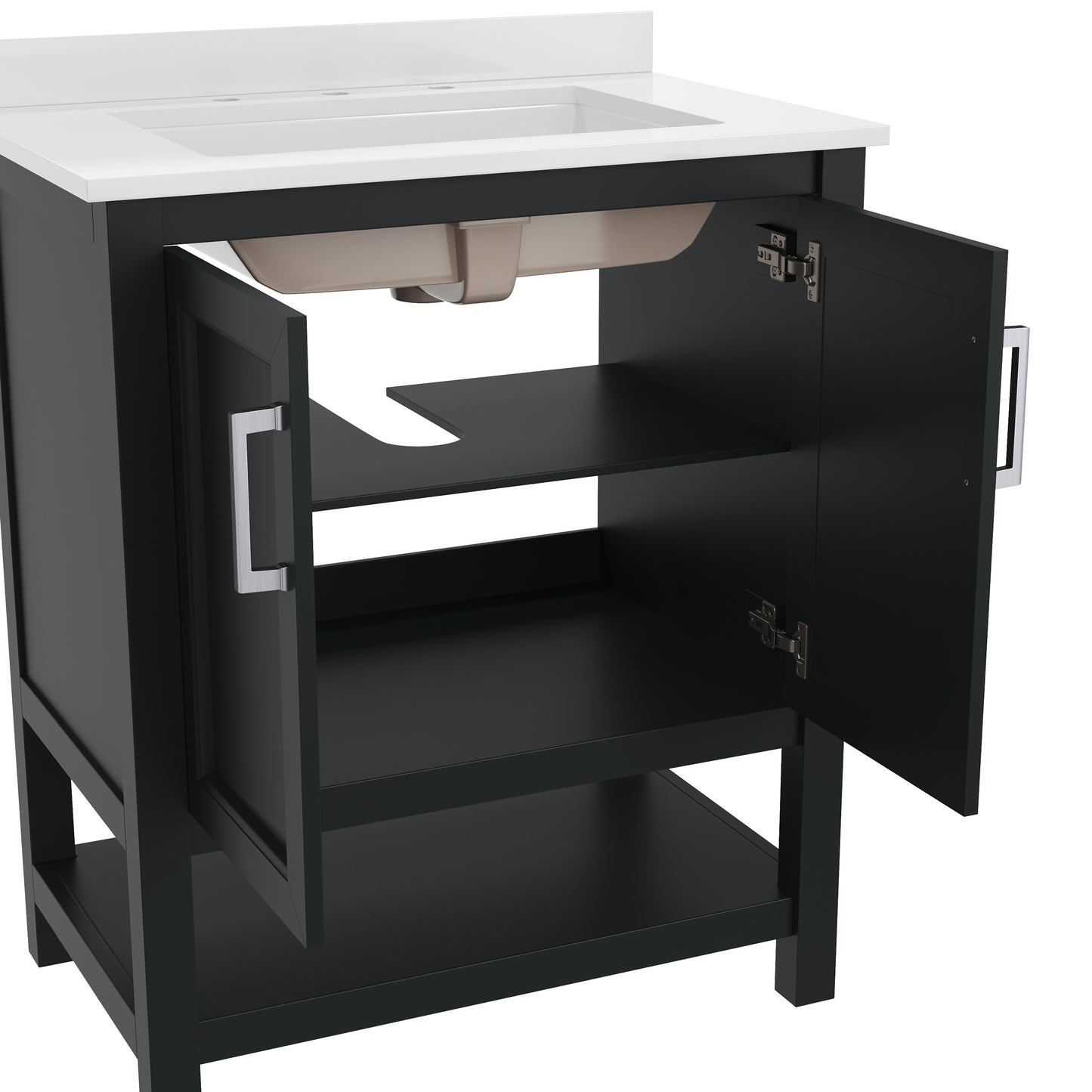 Vega 30 Inch Bathroom Vanity with Sink Combo, Storage Cabinet with Soft Close Doors and Open Shelf, Carrara Marble Finish Countertop, Black Black Frame/Nickel Hardware