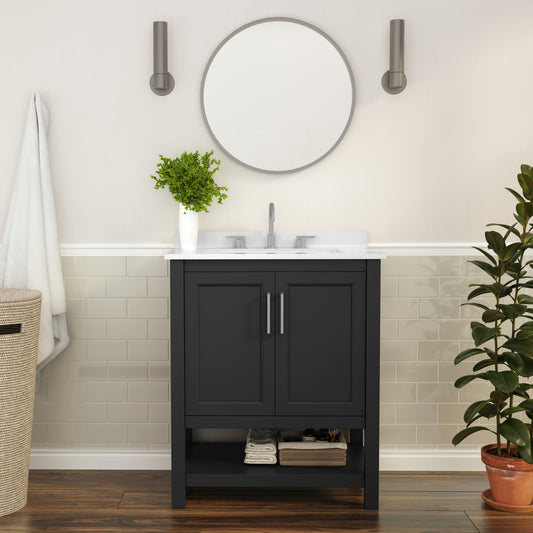 Vega 30 Inch Bathroom Vanity with Sink Combo, Storage Cabinet with Soft Close Doors and Open Shelf, Carrara Marble Finish Countertop, Black Black Frame/Nickel Hardware FS-VEGA30-BK-GG
