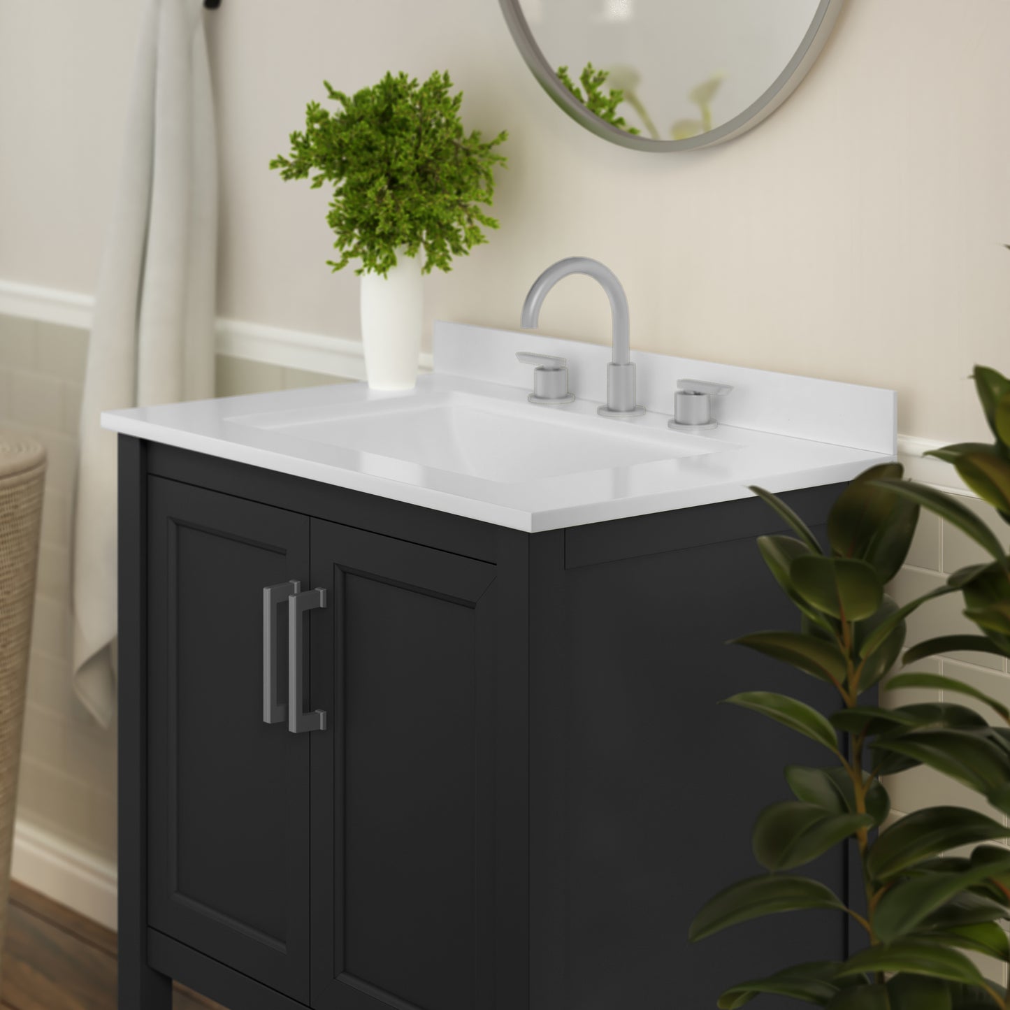 Vega 30 Inch Bathroom Vanity with Sink Combo, Storage Cabinet with Soft Close Doors and Open Shelf, Carrara Marble Finish Countertop, Black Black Frame/Nickel Hardware