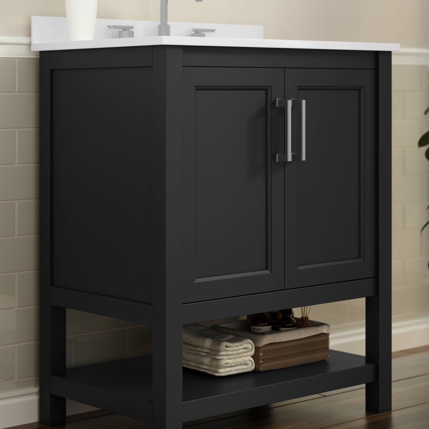 Vega 30 Inch Bathroom Vanity with Sink Combo, Storage Cabinet with Soft Close Doors and Open Shelf, Carrara Marble Finish Countertop, Black Black Frame/Nickel Hardware