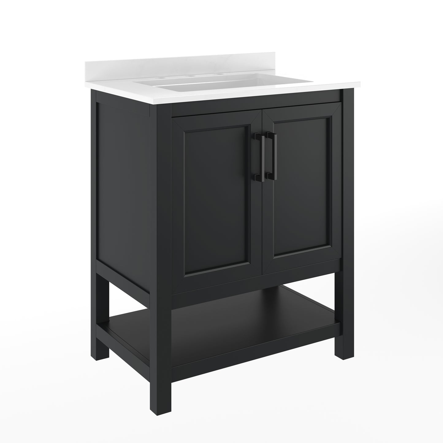 Vega 30" Bathroom Vanity with Sink, Storage Cabinet with Soft Close Doors & Open Shelf, Carrara Marble Finish Counter & Black Hardware, Black/White Black Frame/Black Hardware