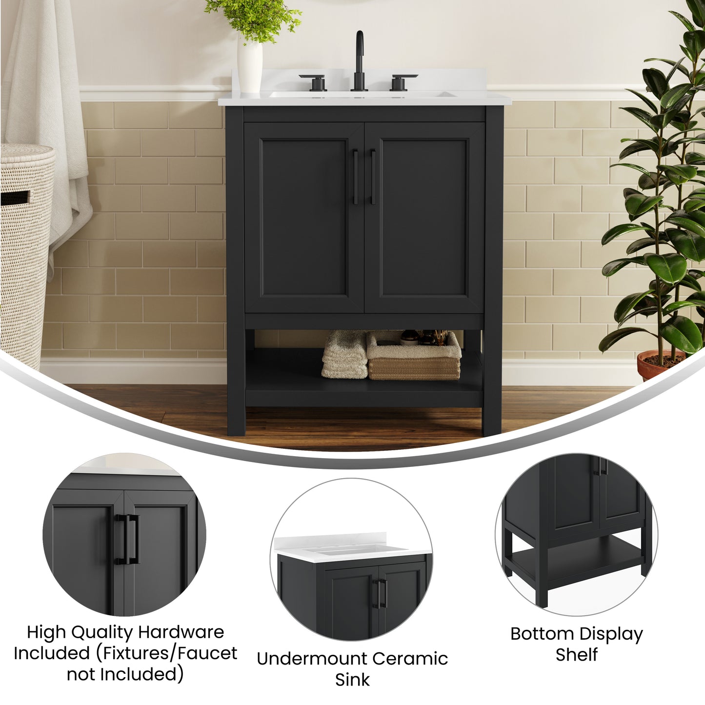 Vega 30" Bathroom Vanity with Sink, Storage Cabinet with Soft Close Doors & Open Shelf, Carrara Marble Finish Counter & Black Hardware, Black/White Black Frame/Black Hardware