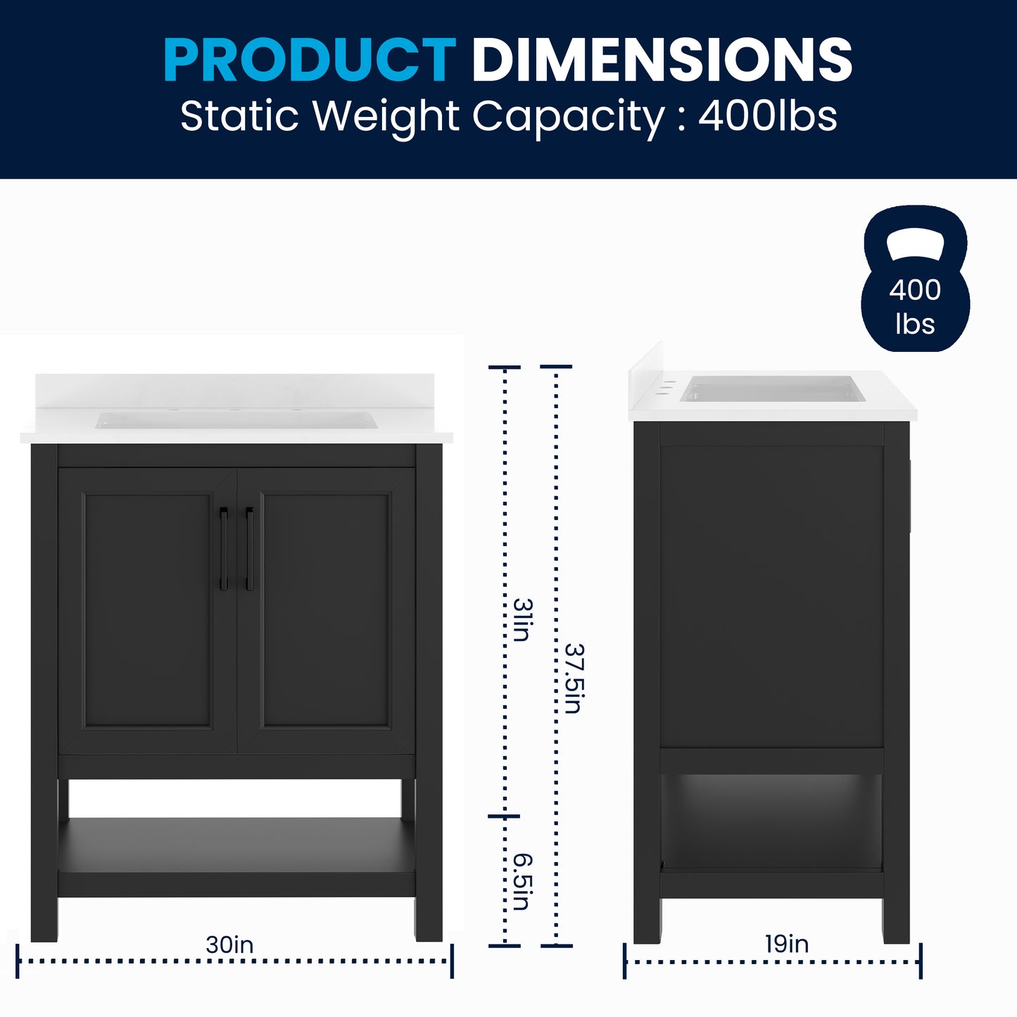 Vega 30" Bathroom Vanity with Sink, Storage Cabinet with Soft Close Doors & Open Shelf, Carrara Marble Finish Counter & Black Hardware, Black/White Black Frame/Black Hardware
