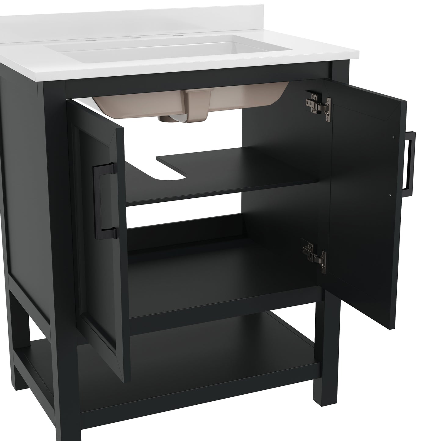 Vega 30" Bathroom Vanity with Sink, Storage Cabinet with Soft Close Doors & Open Shelf, Carrara Marble Finish Counter & Black Hardware, Black/White Black Frame/Black Hardware