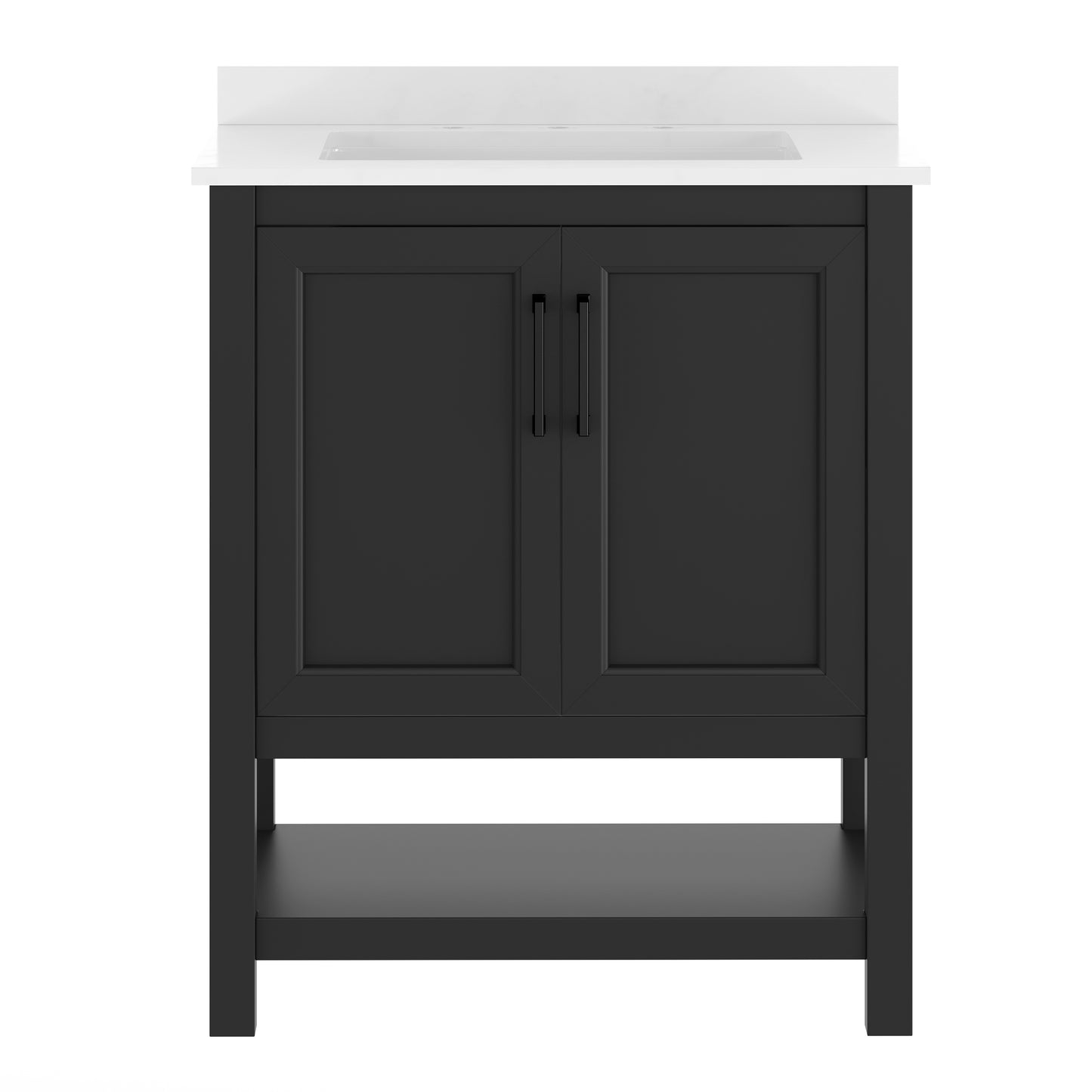 Vega 30" Bathroom Vanity with Sink, Storage Cabinet with Soft Close Doors & Open Shelf, Carrara Marble Finish Counter & Black Hardware, Black/White Black Frame/Black Hardware