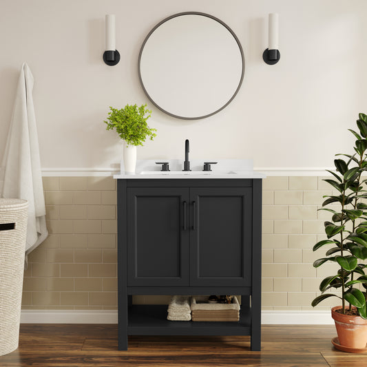 Vega 30" Bathroom Vanity with Sink, Storage Cabinet with Soft Close Doors & Open Shelf, Carrara Marble Finish Counter & Black Hardware, Black/White Black Frame/Black Hardware FS-VEGA30-BK-HDBLK-GG
