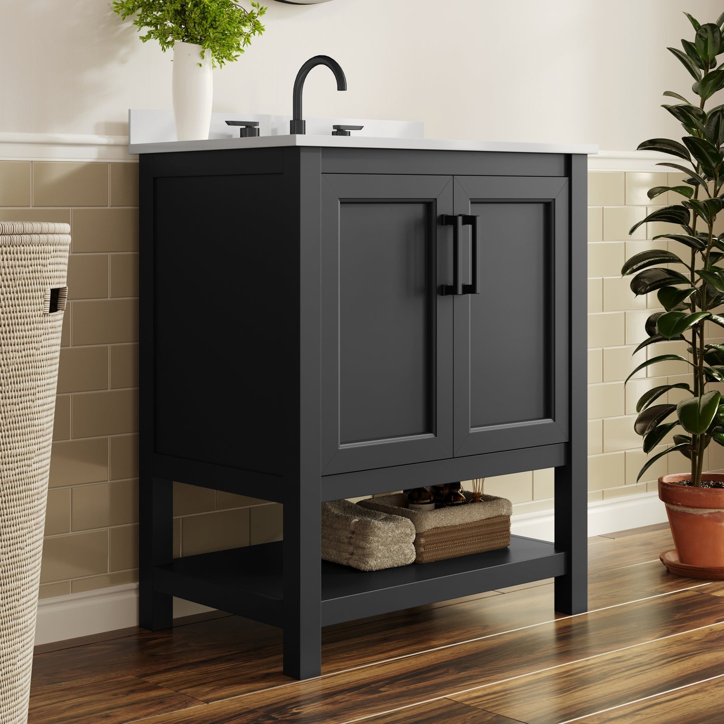 Vega 30" Bathroom Vanity with Sink, Storage Cabinet with Soft Close Doors & Open Shelf, Carrara Marble Finish Counter & Black Hardware, Black/White Black Frame/Black Hardware
