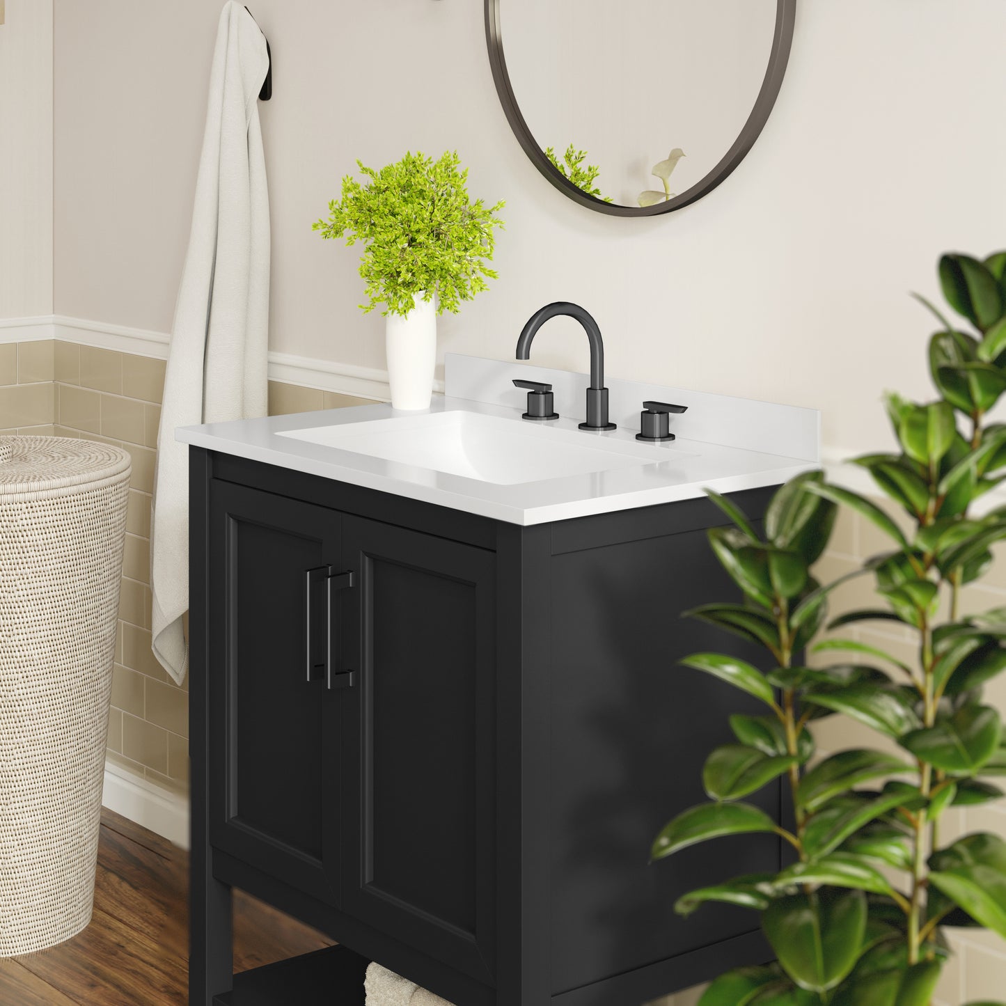 Vega 30" Bathroom Vanity with Sink, Storage Cabinet with Soft Close Doors & Open Shelf, Carrara Marble Finish Counter & Black Hardware, Black/White Black Frame/Black Hardware