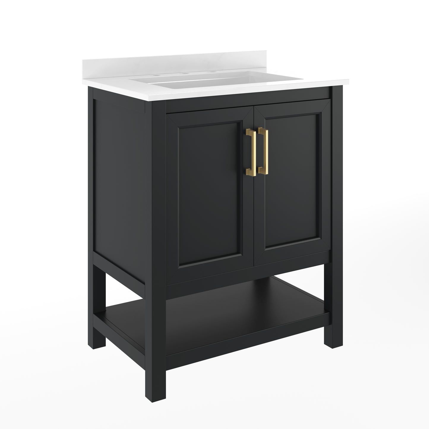 Vega 30" Bathroom Vanity with Sink, Storage Cabinet with Soft Close Doors & Open Shelf, Carrara Marble Finish Counter & Gold Hardware, Black/White Black Frame/Gold Hardware