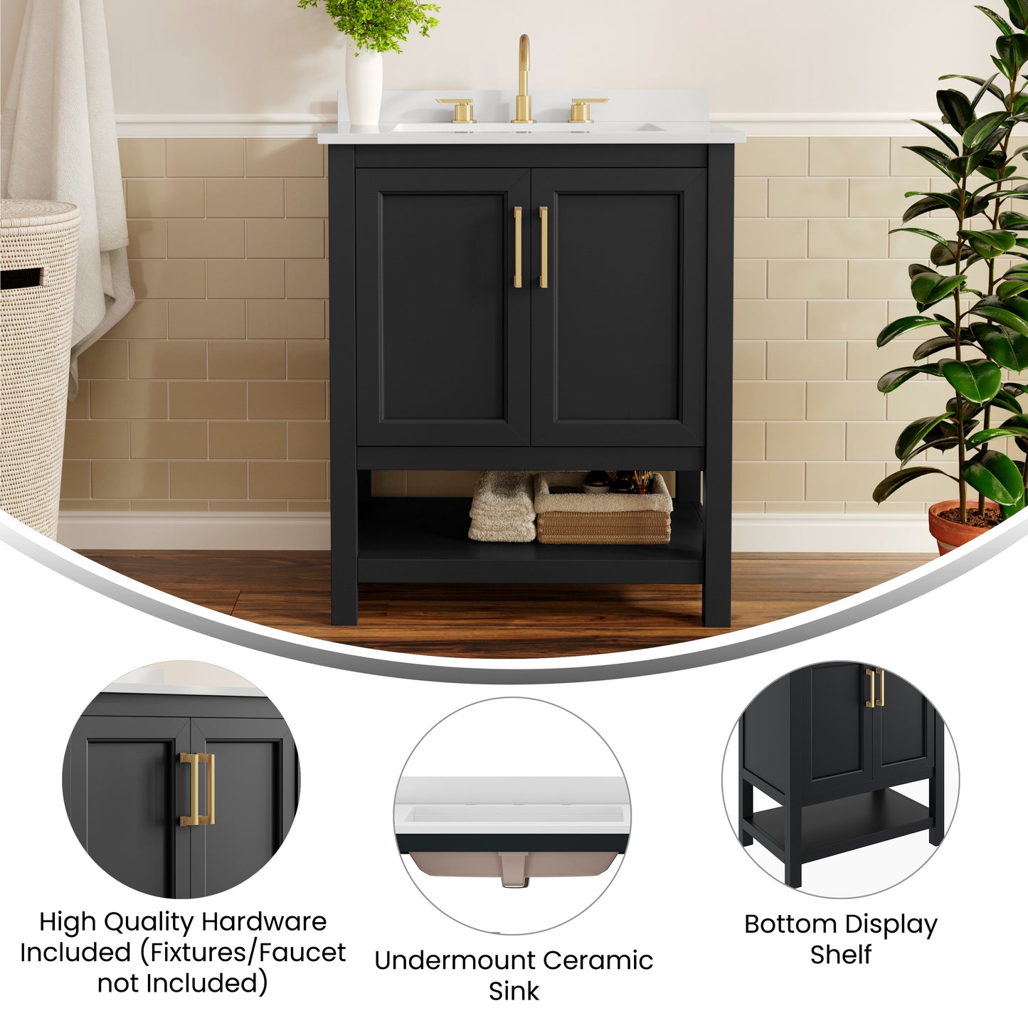 Vega 30" Bathroom Vanity with Sink, Storage Cabinet with Soft Close Doors & Open Shelf, Carrara Marble Finish Counter & Gold Hardware, Black/White Black Frame/Gold Hardware