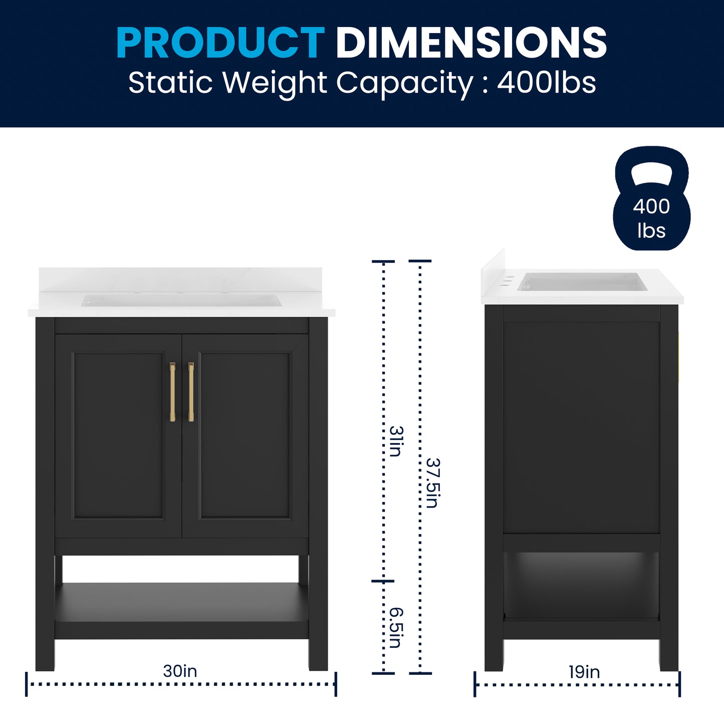 Vega 30" Bathroom Vanity with Sink, Storage Cabinet with Soft Close Doors & Open Shelf, Carrara Marble Finish Counter & Gold Hardware, Black/White Black Frame/Gold Hardware