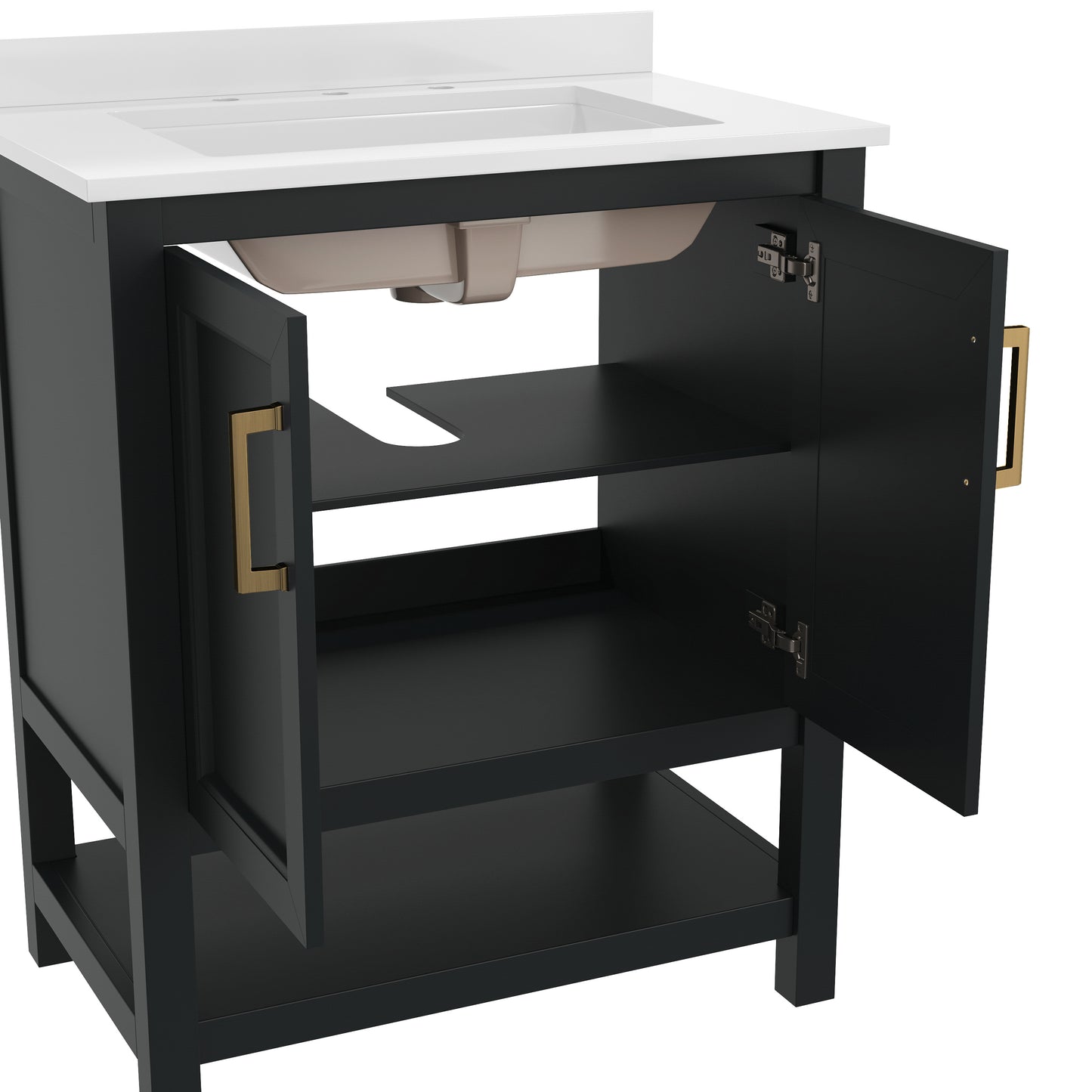 Vega 30" Bathroom Vanity with Sink, Storage Cabinet with Soft Close Doors & Open Shelf, Carrara Marble Finish Counter & Gold Hardware, Black/White Black Frame/Gold Hardware